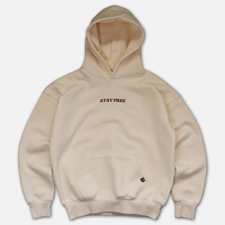 Front view of creme hoodie on white background